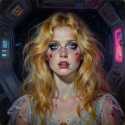 a beautiful and eerie baroque painting of a gorgeous woman in dead space, with wild blonde hair and haunted eyes and freckles, 1 9 7 0 s, seventies, space station, neon light showing injuries, delicate ex embellishments, painterly, offset printing technique, inspired by hans bellmer