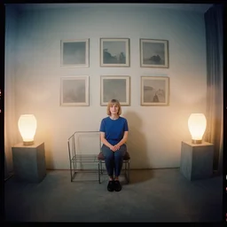 kodak portra 4 0 0, wetplate, 8 mm extreme fisheye, blueberry, award - winning colour portrait by britt marling : a 1 9 6 0 s room, square square picture frames, haze, concrete, shining lamps, 1 9 6 0 s metal furniture, fog, smoke, no people