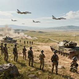 troops on a hill watching war in the distance, jet fighters and tanks, hyperdetailed, artstation, cgsociety, 8 k