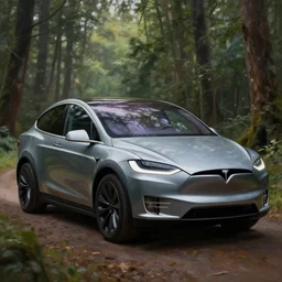 A painting of a Tesla Model X in a forest by Craig Mullins, dramatic lighting, cinematic, establishing shot, extremely high detail, artstation