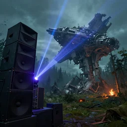 big powerful laser light and big festival sound system on the left side close to the camera, a giant megastructure spaceship wrecked and lost in the forest, a small fire in the distance, detailed digital art by greg rutkowski.