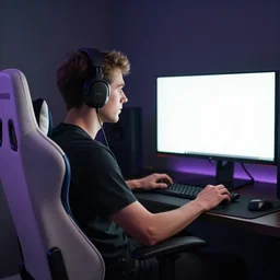 a white guy named nathan, sitting in his bedroom with a white gamer chair. headphones on watching a bright monitor in dark room