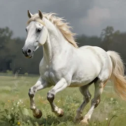 white horse with blond mane running in field background, highly detailed, digital painting, artstation, concept art, sharp focus, illustration, art by frank frazetta