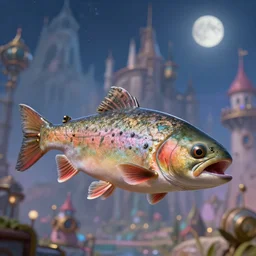 a close - up stunning fantasy scene of a steampunk trout | highly detailed | very intricate | disney | otoh gunga city | steampunk | dramatic romantic epic breathtaking whimsical magical | bokeh moon stars | professional cinematic lighting | award - winning | painted by marc simonetti and anton fadeev and paul lehr and rhads and alena aenami | pastel color palette | featured on artstation