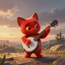 dreamworks, disney, a red little cat plaing banjo, golden hour, digital art