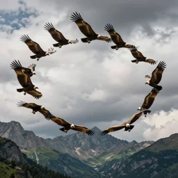 a detailed group of flying griffin vultures forming a circle in the sky. clouds. avila granite and green mountains. 4 k, concept art, by wlop, ilya kuvshinov, artgerm, krenz cushart, greg rutkowski, pixiv. cinematic dramatic atmosphere, sharp focus, volumetric lighting, cinematic lighting, studio quality