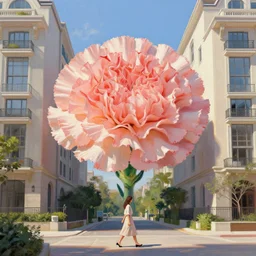 giant carnation flower head, woman walking between luxury apartments, surreal photography, sunlight, impressionist painting, digital painting, artstation, simon stalenhag