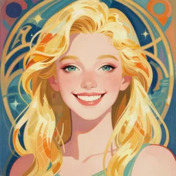 blonde, art nouveau, happy, portrait, colorful, smiling, bright, clever, flat