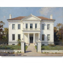 oil painting of Greek Revival white mansion surrounded by a cast iron fence, dynamic lighting, award-winning