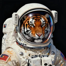 Portrait of a Tiger astronaut wearing helmet in the style of James Gilleard, Zdzislaw Beksinski, Mark Ryden, Wolfgang Lettl highly detailed, hints of Yayoi Kasuma
