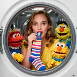 silly natalie portman eating socks, inside a dryer, by rudolf hausner and jim henson, thomas kinkade, robert rauschenberg, 3 d model, octane render, daytime made in blender, trending on artstation, trending on nightcafe, unreal engine, behance, wallpaper 4 k, realism, bright loud colors