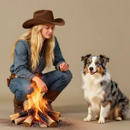 picture of a hillbilly with long blonde hair with his australian shepherd around a bonfire