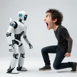 Artist screaming at a robot