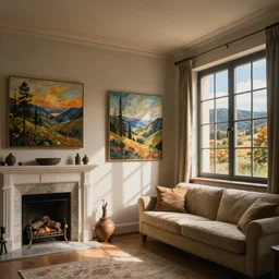 a room with paintings on the wall with a couch along the right wall fireplace windows photograph