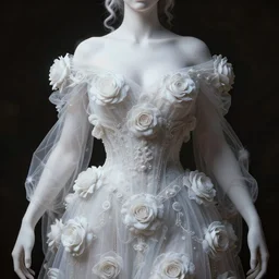 neoclassical art closed portrait of a wonderful symmetrical albino goddess with dressed with a majestic semi transparent cotton roses dress, ornate, intricate, detailed, dramatic light, octane render