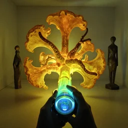 rhizomatic lifeform, super resolution microscopy, first person view, light mode, fluorescent lamp, rembrandt lighting, tremella fuciformis, diorama, abstract sculpture, kiki smith