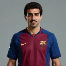 portrait, body and torso, saddam hussain, fc barcelona, jersey number 1 0, dark blue, maroon red, unreal engine 5, trending on artstation, master piece, octane render, art by artgerm and greg rutkowski and alphonse mucha