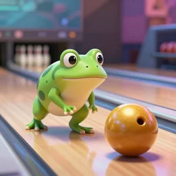 ground level wide angle shot of a cute frog bowling with a golden metal ball on a glass surface, concept art, by esao andrews, by m. w. kaluta, by pixar, volumetric light, rich colors, very humorous!!!, realistic reflections, smooth, depth perception, shallow depth of field, 4 k, unreal engine 5, artstation
