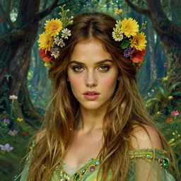 head and shoulders portrait of a flowering fey fairy warlock portrayed by young jessica alba, in a magical forest, d & d, fantasy, luis royo, magali villeneuve, donato giancola, wlop, krenz cushart, hans zatka, klimt, alphonse mucha