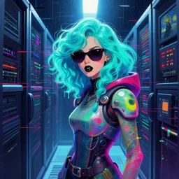 an angelic hacker with wavy turquoise hair in vast cyberspace glitching through a vulnerable server, wearing sunglasses and black lipstick, futuristic clothes, vibrant colors, rule of thirds, spotlight, drips of paint, expressive, passionate, by greg rutkowski, by jeremy mann, by francoise nielly, by van gogh, digital painting