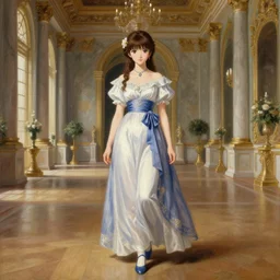 beautiful anime style girl, she is standing in the middle of a palace, realistic painting, by Edgar Maxence and William-Adolphe Bouguereau