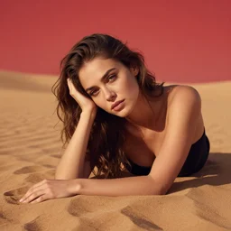 a portrait of a very beautiful woman in the desert, looking tired, sand, desert, beautiful colors, red sky, by greg rutkowski, trending on artstation