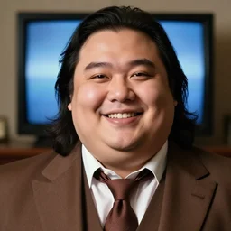 Close up portrait of a clean-shaven chubby man with long black hair wearing a brown suit and necktie with a television in the background. Photorealistic. Award winning. Dramatic lighting. Intricate details. UHD 8K. He looks very happy.