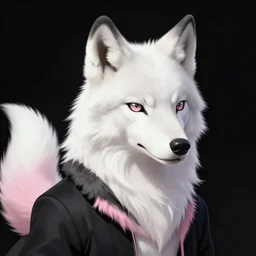 award winning beautiful portrait commission of a male furry anthro albino wolf fursona with a tail and a cute beautiful attractive detailed furry face wearing stylish black and pink cyberpunk clothes in a cyberpunk city at night while it rains. Character design by charlie bowater, ross tran, artgerm, and makoto shinkai, detailed, inked, western comic book art