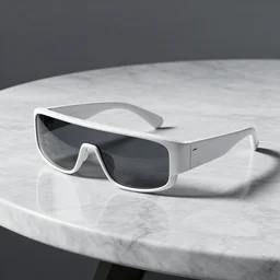 white futuristic glasses on a marble table, hyper detailed, 8k resolution, octane render