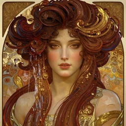 song of the swirling waterfall, detailed beauty close - up face portrait, chocolate, crimson water, ancient gold, opulent swirling hair, intricate background, armor, art by peter morebacher, greg rutkowski, craig mullins, ruan jia, thomas kinkade, victor ngai, james jean, gustav klimt, alphonse mucha, unreal engine, blender, octane, ray