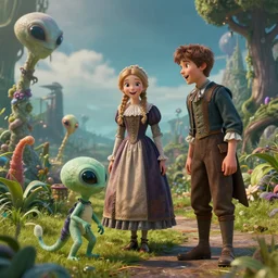 a girl and a boy standing next to some alien plants, looking happy, wearing victorian clothes, they are playing with their small pet alien creature, in a park on a alien planet, extremely high detailed, ultra realistic facial details, ultra photorealistic raytracing, octane, 8k