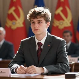 A young man in a suit sits at a table , coat of arms of USSR with hammer and sickle in background, bokeh, cinestill, fine details