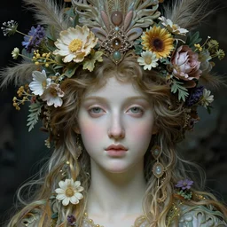 Beautiful Pre-Raphaelite goddess of wearing an intricate crow headdress, in the style of John William Godward and Anna Dittman, close-up portrait, porcelain skin, head in focus, flowers and plants, etheric, moody, intricate, mystical,