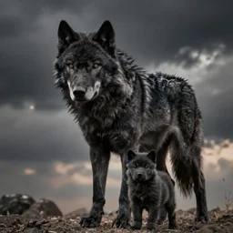 large black wolf with tiny cute black wolf puppy