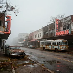 low wide angle shot of dilapidated fallout 5 miami, temperate european small town, desolate, dilapidated neon signs, few rusted retro futuristic vintage parked vehicles like cars, buses, trucks, trams, volumetric lighting, photorealistic, foggy, rain daytime, autumn, overcast weather, sharp focus, ultra detailed, f 1. 4, 4 0 0 0 k