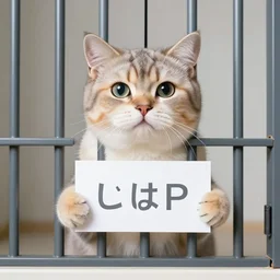 realistic high quality photo of a cute cat in jail holding a sign with text that reads : falconi, falcon, f a l c o n i