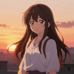 anime girl, sunset in the background, ross tran's art style, anime style, trending on artstation, official media