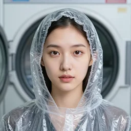 a portrait of a woman wearing a hood made of wire and plastic, in a laundry mat, color photograph, by jan van eyck, canon eos c 3 0 0, ƒ 1. 8, 3 5 mm, 8 k, medium - format print