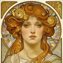 realistic detailed face portrait of Artemis by Alphonse Mucha, Greg Hildebrandt, and Mark Brooks, gilded details, spirals, Neo-Gothic, gothic, Art Nouveau, ornate medieval religious icon