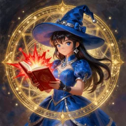 a portrait of girl alchemist in blue dress, witch hat, silver necklace, red magic book, red magic explosion, gold magic, magic circle, fantasy, dungeons and dragons, an ultrafine detailed painting, chibi, detailed painting, boris valejo. octopath traveler decal!!!
