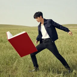 harmony grasslands, red book, dark blue jacket & white top & black jeans, sunny mid day, amazing composition & dynamic posing of black haired seokjin, by franz xavier leyendecker, james jean, wlop! muted colors, highly detailed, fantasy art by craig mullins, thomas kinkade cfg _ scale 8