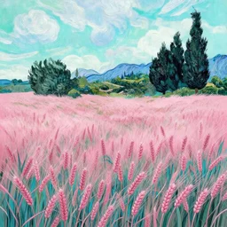 pink and teal wheat field with cypresses, by van gogh and tim burton
