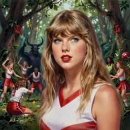 twin peaks movie poster art by saturno butto portrait of taylor swift local cheerleader being sacrificed to moloch in ritual in the grove, highly detailed, digital painting, artstation, concept art, smooth, sharp focus, illustration, by artgerm, leyendecker, michael whelan