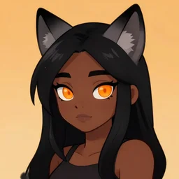 tomboy cartoon girl with dark skin, black hair, wolf ears and glowing orange eyes, deviantart, artstation