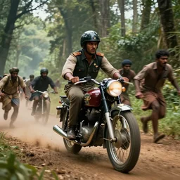 a british officer driving a motorcycle at high speed in 1921 in kerala forest road, local people chasing to attack, furious action scene, chase, an epic fantasy, dramatic lighting, cinematic, establishing shot, extremely high detail, photorealistic, cinematic lighting, artstation, by simon stalenhag, horizon forbidden west