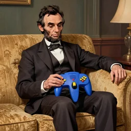 Abraham Lincoln sitting on a sofa, playing Nintendo 64