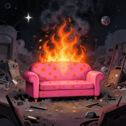 a pink couch with orange polka dots on fire in the middle of a junkyard, illustrated, cosmic horror, smoke and ash
