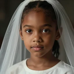 a photorealistic hyperrealistic, bright brown eyes, innocent face, light skinned african american young girl, short ponytail hair, flawless face, beautiful lips, cute face, wearing a nice shirt, gorgeous white veil, petite, by wlop, artgerm, greg rutwoski, alphonse mucha, beautiful dynamic dramatic low - light moody lighting, cinematic atmosphere, artstation, concept design art, octane render, 8 k
