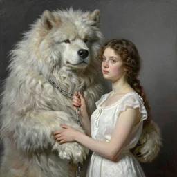 portrait of a delicate woman, and her ( giant monster ) pet, which she holds with a chain, by nikolay makovsky.