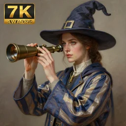 an anthropomorphic beautiful female scientist portrait holding a telescope wearing stripes robe, fine art, award winning, intricate, elegant, sharp focus, octane render, hyperrealistic, wizard hat cinematic lighting, highly detailed, digital painting, 8 k concept art, art by jamie hewlett and z. w. gu, masterpiece, trending on artstation, 8 k
